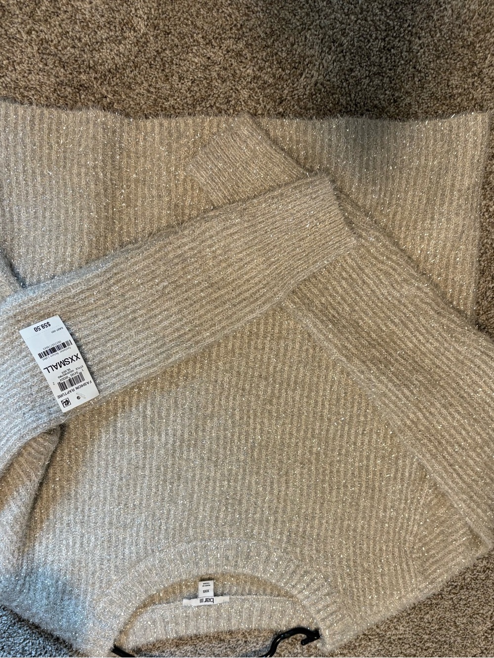 Bar III Cream Metallic Ribbed Crewneck Sweater